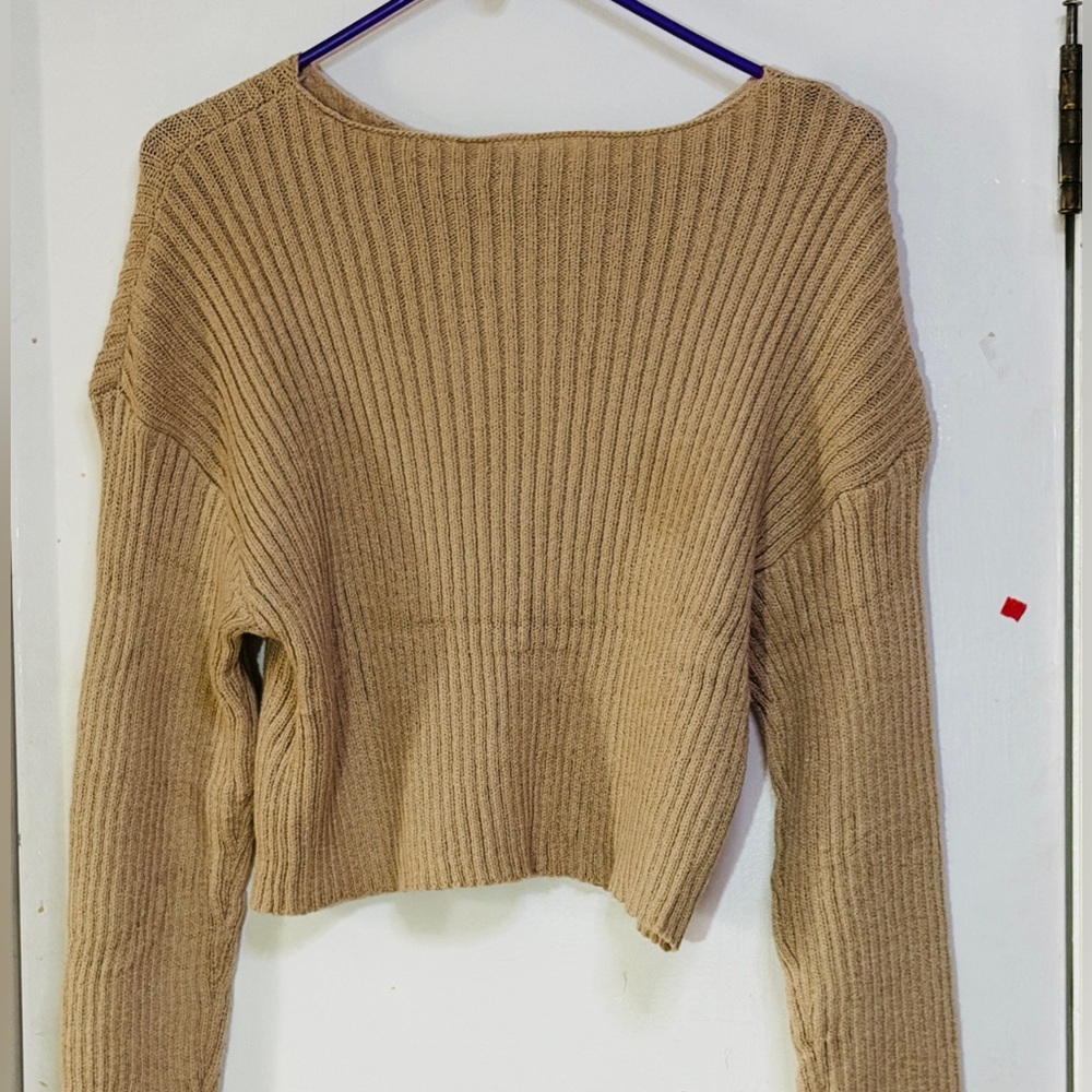Tan Ribbed Knit Cropped Sweater Women’s Large Drop Shoulder Stretch Soft Neutral - Picture 3 of 3